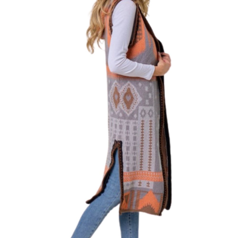 Women's Grey-Orange multi color Aztec Pattern Knit Hooded Long Cardigan … - Picture 4 of 6
